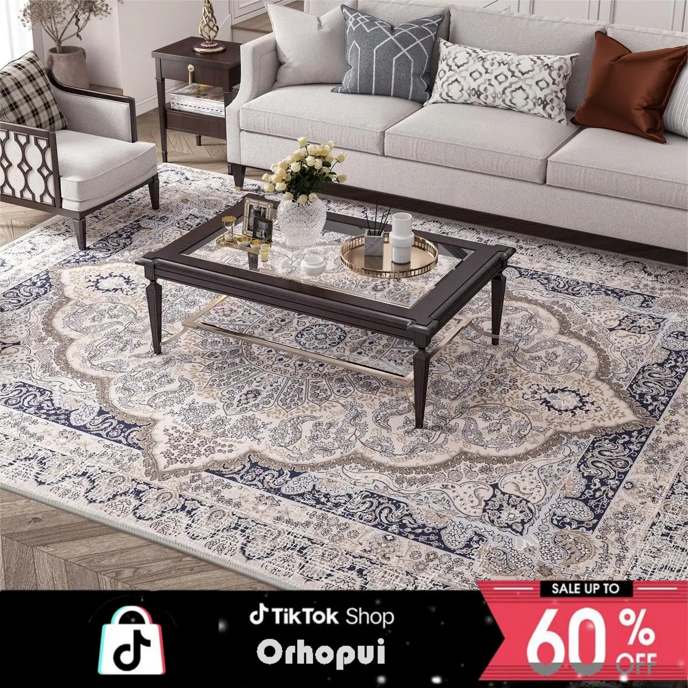ORHOPUI Washable Area Rug, Area Rug for Living Room, Soft Area Rug for Bedroom, Vintage Design, Stain Resistant Rugs, TPR Anti-Slip Backing, Non Shed