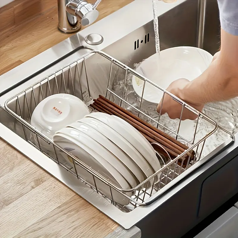 Stainless Steel Heavy Duty Sink Strainer Drainer Rack Adjustable Telescopic Arm Space Saving Kitchen Organizer Commercial Home Use No Assembly Portable Durable Restaurant