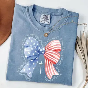 Comfort Colors Patriotic Coquette Bow Shirt, God Bless America Shirt, 4th of July Shirt, 4th of July Tee, Women's Patriotic Shirt