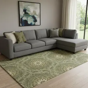 HomeRoots 652269 10 x 14 ft. Olive Green & Gold Geometric Washable Machine Made Rectangle Area Rug with UV Protection