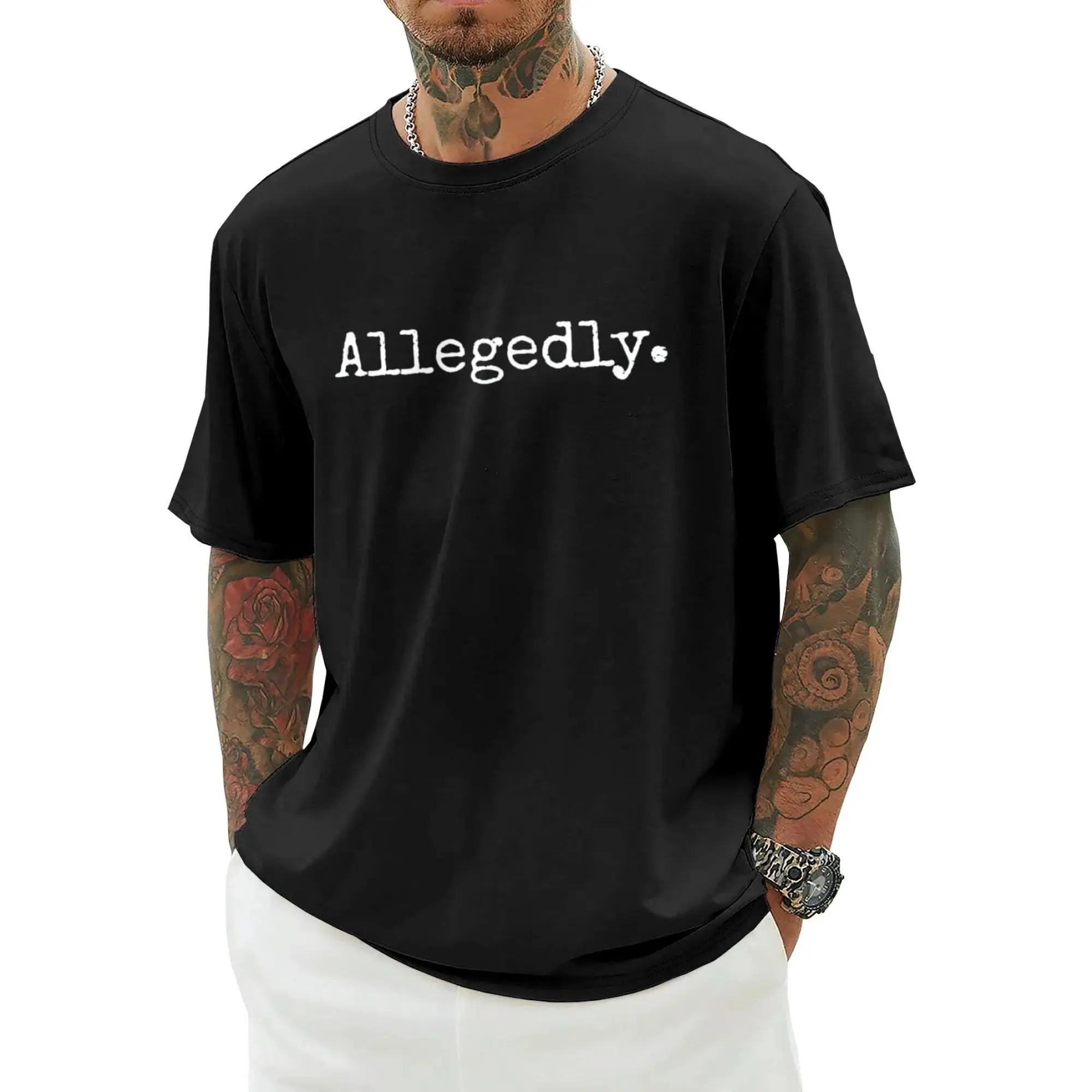 Men's Fitted Casual Minimalist Crew Neck Short-Sleeve T-Shirt - Soft Cotton Streetwear Top with 'Allegedly' Funny Lawyer Text Print, Moisture-Absorbent, No Irritation, Normal Type, Machine Washable, All Seasons