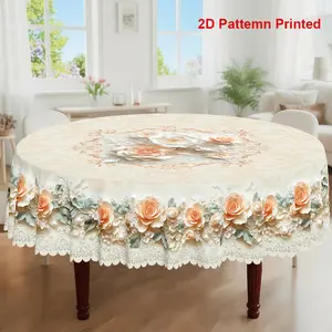 1pc, Spring Summer Themed Party Tablecloth, Valentine's Day Mother's Day Vintage Rose Floral Art Texture Printed Design, Rectangular/Round/Oval Table Cloth, Embossed Edge, Suitable For Indoor Outdoor Dining Picnic Dinner Dining Room Decoration