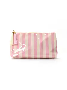 Waterproof PVC Cosmetic Bag, Striped Design, Portable Makeup Organizer, Travel Washbag with Fringe, All-Season Casual Style, Makeup Organizer Pouch