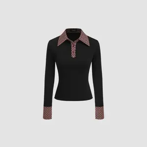 Cider [size 2-10] Collar Geometric Contrasting Binding Button Long Sleeve Top