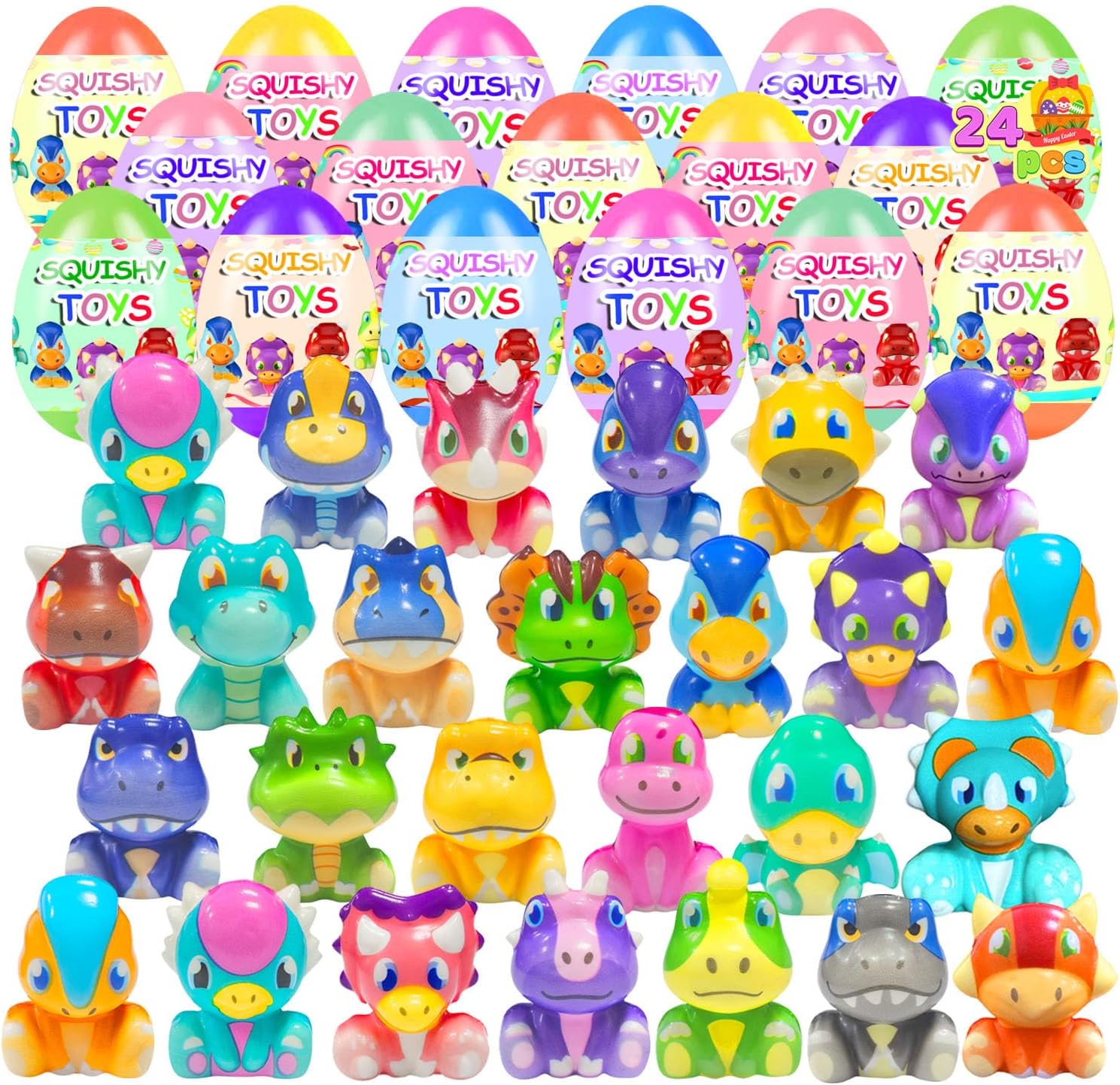 24 Pack Prefilled Easter Eggs with Dinosaur Squishy Toys Easter Basket Stuffers for Kids, Egg Fillers, Party Favors, Classroom Prizes, Easter Hunt Supplies for Boys & Girls