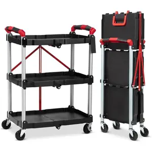 Foldable Utility Carts with Wheels, 3-Tier Holds Folding Rolling Cart with Fixed Rope, Pack-N-Roll Collapsible Service Cart for Home, Office, Garage, and Warehouse - No Assembly Required Organiser Racks Shelf