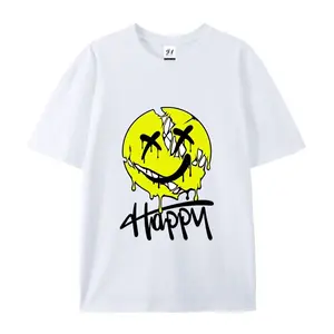 OveHappy Dripping Smiley Print T-Shirt Men Women rsized Casual Streetwear Short Sleeve Tops