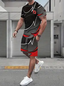 Men's Geometric Patchwork Set, Digital 23 Printed Round Neck Short Sleeve T-Shirt & Drawstring Shorts Two-Piece Set