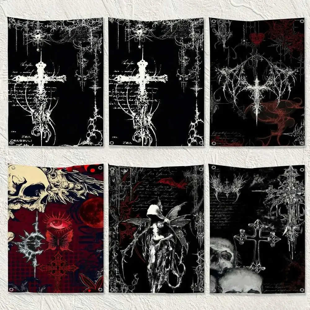 Gothic Cyber Sigil Cross Eyes Skull Flag Tapestry Banner For Bedroom Outdoor Living Room Restaurant Bar Wall Decor Party