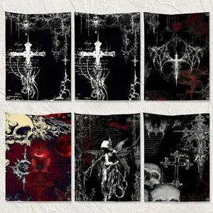 Gothic Cyber Sigil Cross Eyes Skull Flag Tapestry Banner For Bedroom Outdoor Living Room Restaurant Bar Wall Decor Party