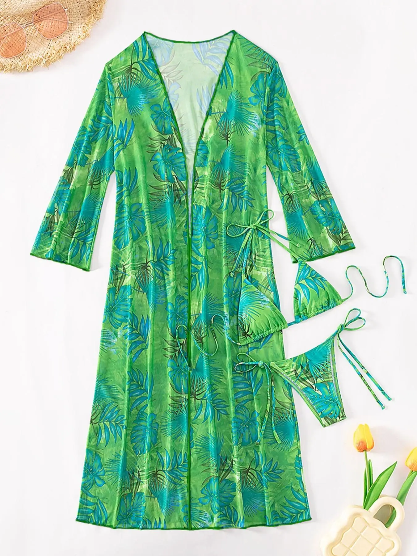 3 Pieces Women's Leaf Print Halter Tie Back Triangle Bikini Top & Tie Side Bikini Bottom & Open Front Long Sleeve Cover Up Swimsuit Sets for Women Sum