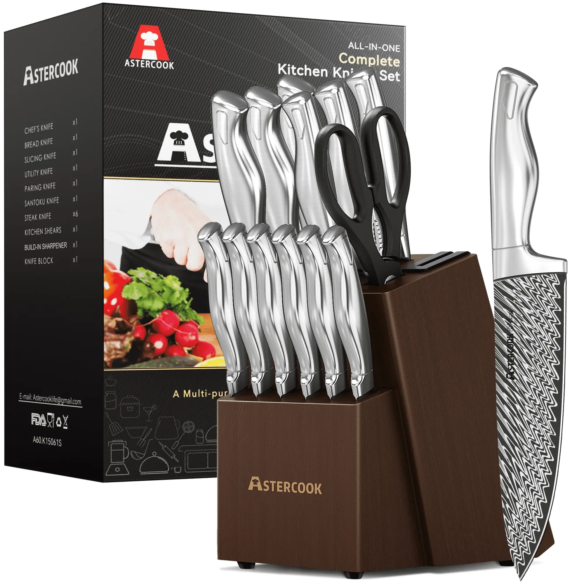 Astercook 14 Piece Kitchen Knife Set with Block and Built-in Sharpener, Full Tang Knives Sets German Stainless Steel, Dishwasher Safe Silver