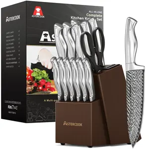 Astercook 14 Piece Kitchen Knife Set with Block and Built-in Sharpener, Full Tang Knives Sets German Stainless Steel, Dishwasher Safe Silver