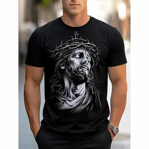 Men's 3D Jesus Graphic T-Shirt - Casual Polyester, Crew Neck, Short Sleeve, Machine Washable - White with Black & Gray Design