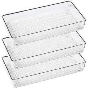 3 Pack Large Clear Plastic Drawer Organizer Tray for Cutlery Utensil and Makeup 12" X 6"