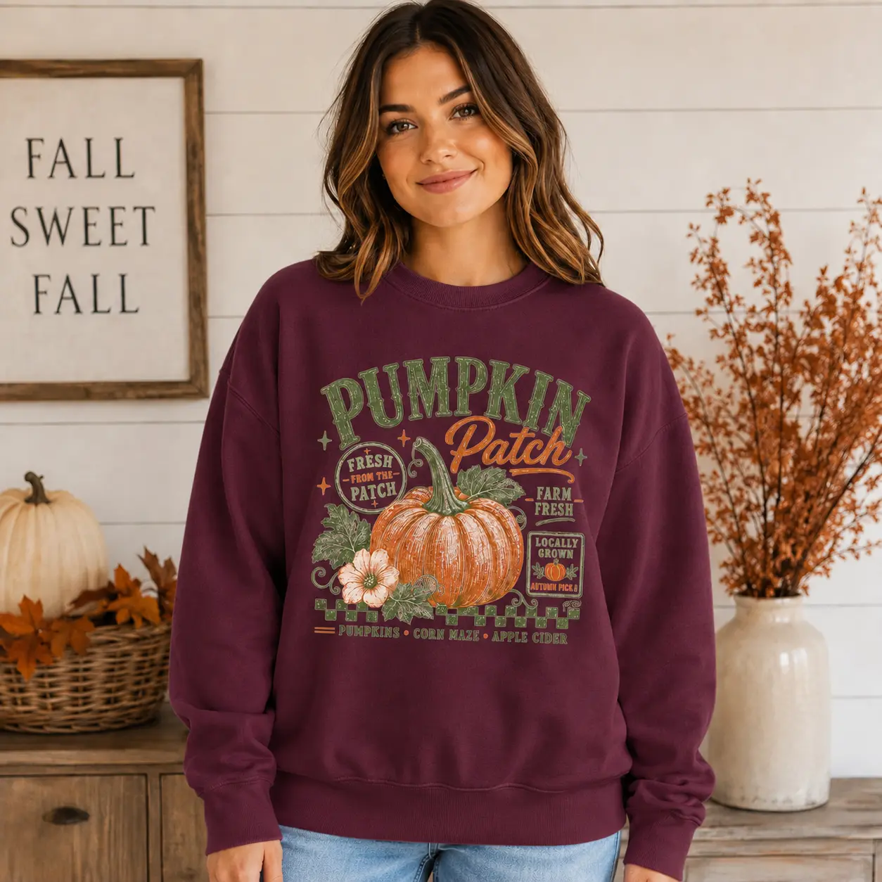 Vintage Pumpkin Patch Sweatshirt, Farm Fresh Fall Graphic Crewneck, Autumn Pumpkin Apple Cider Pullover for Women, Thanksgiving Outfit