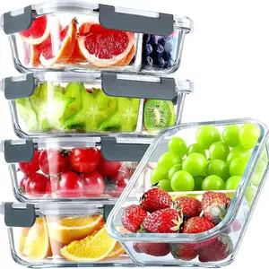 5 Pack Glass Meal Prep Containers 2 Compartment Set,Glass Food Storage Containers with Lids, for Microwave, Oven, Freezer & Dishwasher Friendly,Grey