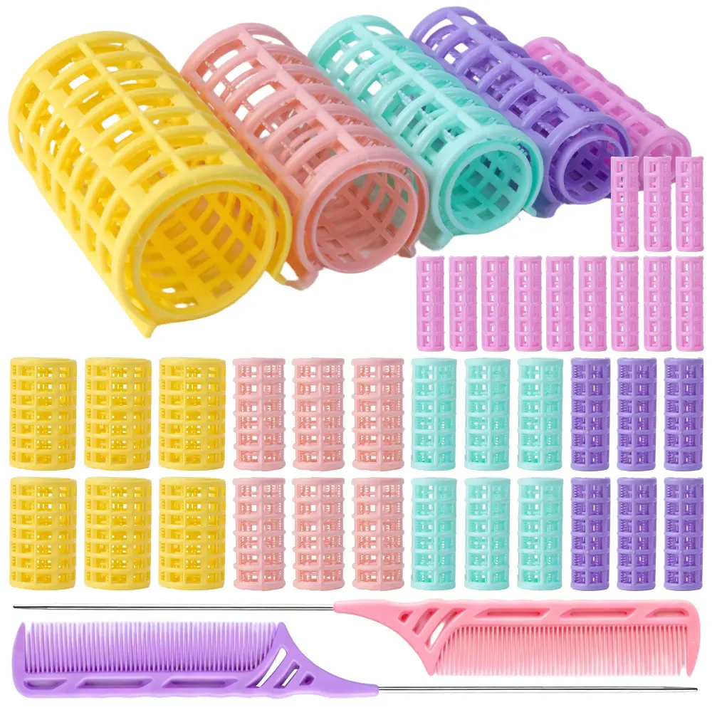 36pcs Self‑Grip Hair Rollers Set with 2 Hair Sectioning Comb, No‑Heat Plastic Hair Curlers in Multi Sizes & Colors, DIY Salon‑Style Hair Styling Tools for Long Medium Short Hair