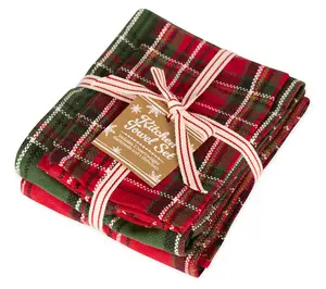 Design Imports S/3 Boughs Of Holly Plaid Kitchen Linens