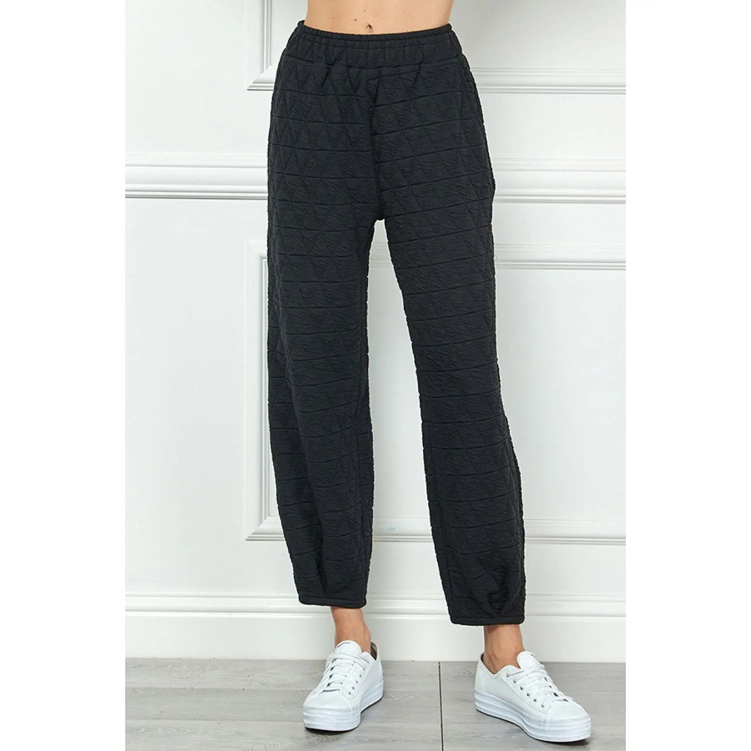 Black Quilted Tucked Joggers