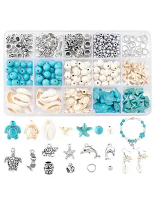 Ocean Craft Kit with Artificial Starfish, Turtle, Polymer Clay Beads, Acrylic Shell Jewelry Making Set, DIY Bracelet, Keychain Pendant