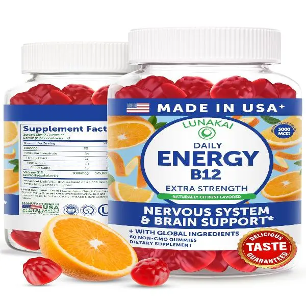 Lunakai USA Made Vegan Energy Gummies – Daily Energy Supplements – 3000mcg Vitamin B12 Gummies for Women & Men – for Home or On‑the‑Go Use, 60ct