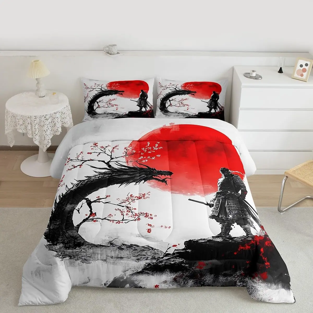 Japanese Comforter Set Samurai and Dragon Bedding Set Cherry Blossoms Duvet Quilt Bedroom Red Sun Decor Microfiber Ultra Soft Breathable
