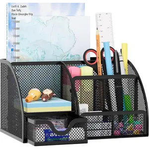 Mesh Desk Organizer with Drawer Multi-functional Pen Holder Stationery Organizer for Office School Supplies 6 Compartments Dorm Organizers and Storage for Desk, Black