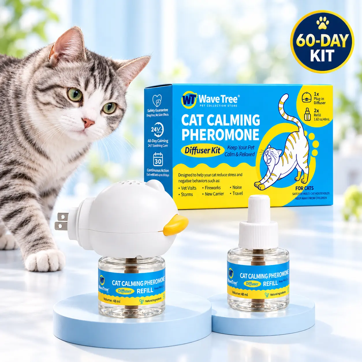 WaveTree 60-Day Cat Calming Diffuser - Helps with Stress, Pee Spraying, Aggression, Cat Fighting, Excessive Meowing & Scratching - 60-Day Refill Included - TikTokShopBackToSchool