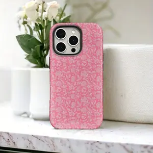 Retro pink and white floral phone case, durable, shock-absorbing and glossy 2-in-1 phone case, suitable for iPhone 17, 16, 15, 14, 13, 12, 11 X, Samsung and other series models, can be given as a holiday gift to friends or home