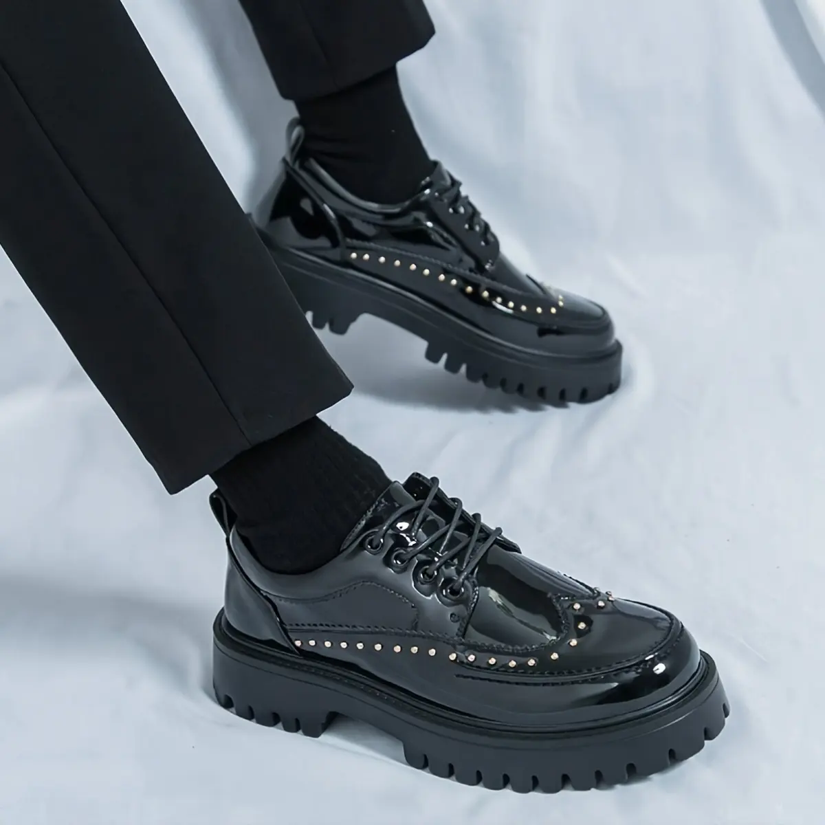 Men's Brogue Black and White Platform Loafers, Patent Leather Lace-Up Design, Non-slip Sole, Business Casual Versatile