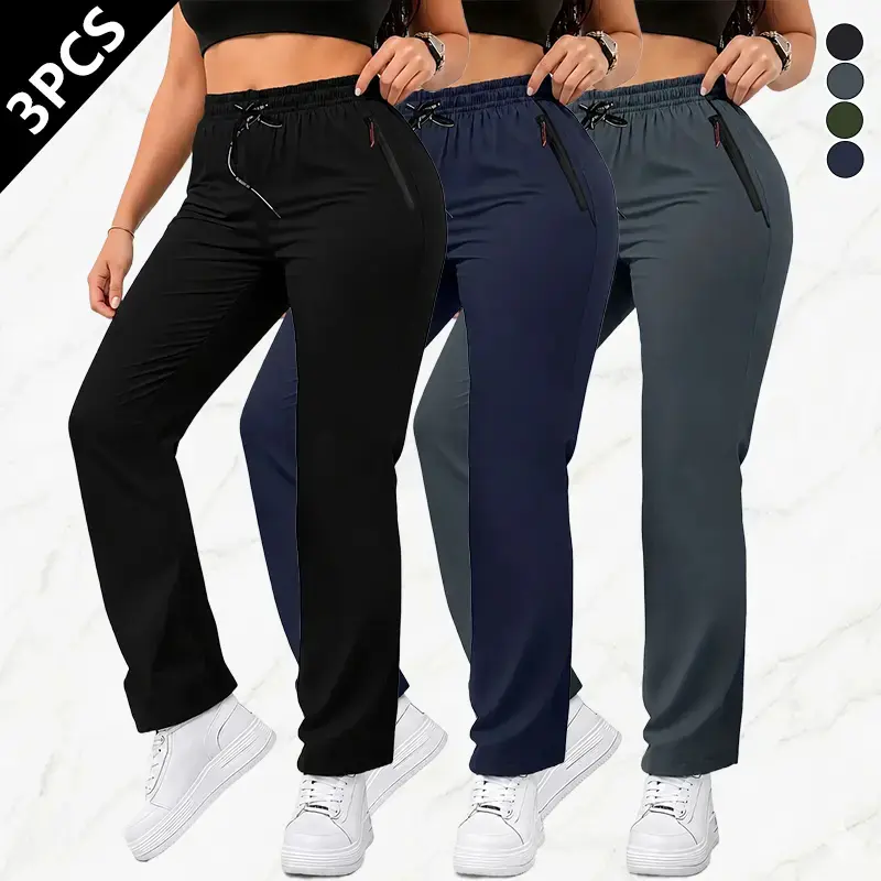 Women’s Polyester Trousers (Pack of 3) - Solid-Color Athletic Style, Drawstring Waist, Zip Pockets, Basic Look, Suitable for Outdoor Sports & Summer Everyday Wear