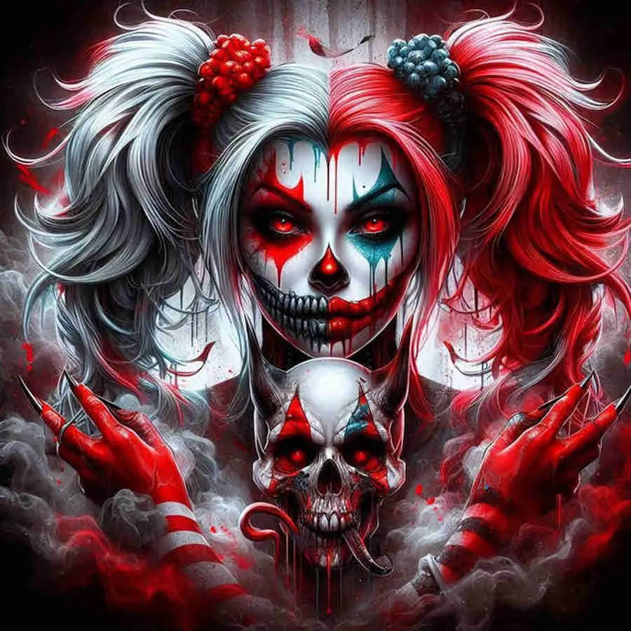 Gothic Red White Hair Clown Girl with Skull 5D Full Drill Diamond Painting Kit Diamond Pattern Design Dark Fantasy Harley Quinn Style Art DIY Cross Stitch Mosaic Craft Diy Craft Supplies Edgy Home Wall Decor Handmade Gift for Horror & Goth Lovers