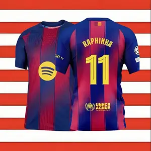11# Raphinha 25 26 Home Short Sleeve Soccer Jersey Fans Version Red Blue