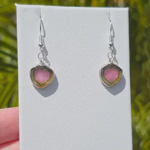 Heart-Shapped California Watermelon Tourmaline Slice Silver Dangle Earrings