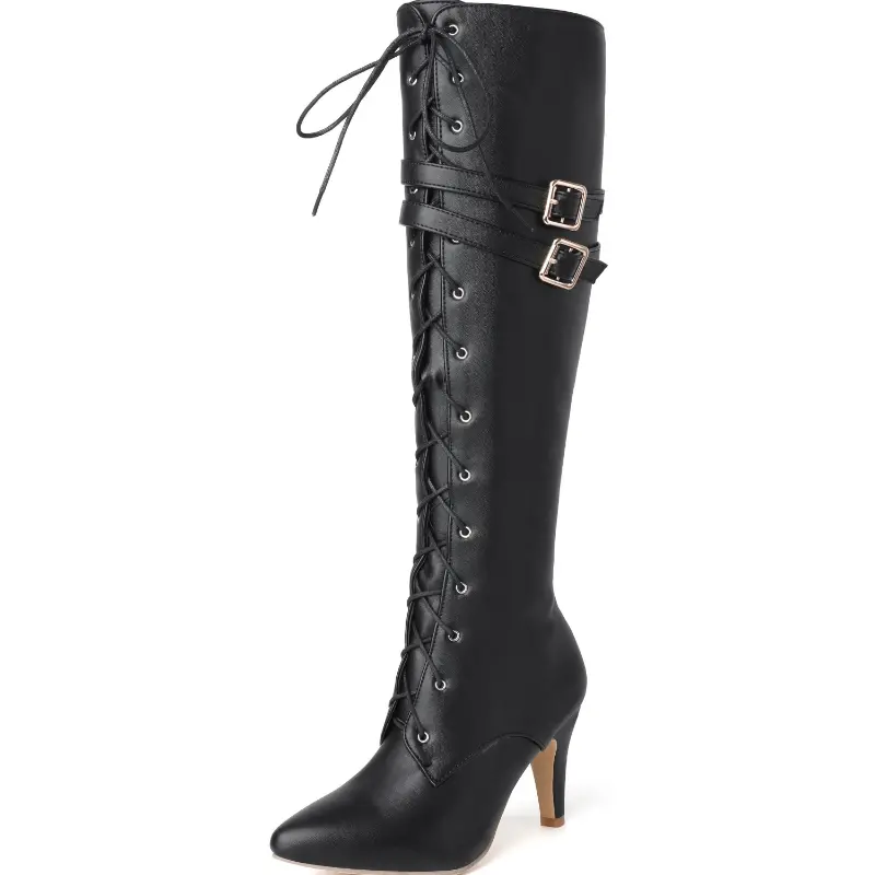 1pr Women'S Knee-High Boots - Solid Color, Pointed Toe, Flare Heel, Zipper Closure, Man-Made Upper, Fabric Inner & Insole, Rubber Sole - Fashion High Heel Booties