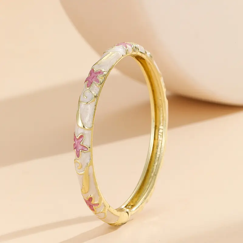 Cloisonné Style Hinged Enamel Bangle for Women, Gold Plated Starfish Pattern Cuff, Elegant Vintage Jewelry Gift, Bangles Bracelets