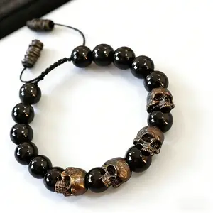 Men's Anti-Anxiety Skull Bracelet, Black Onyx Relaxing Soothing Relaxing Healing Bracelet