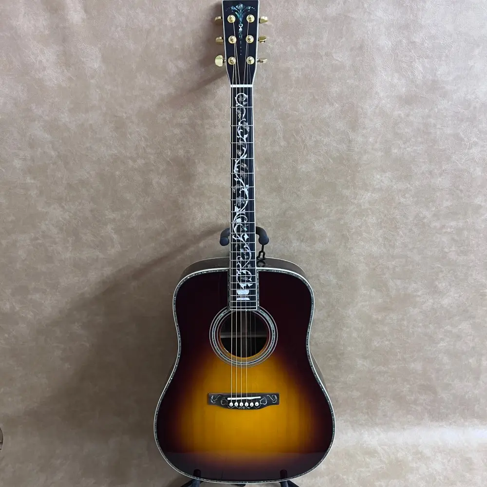 Right-Handed 6-String Dreadnought Acoustic Guitar - Handmade D45 Sunburst Finish, Spruce Body, Tiny Floral Inlaid, Ebony Fingerboard, Rosewood Accents, Rich Mellow Tone, Ideal Gift for Musical Enthusiasts