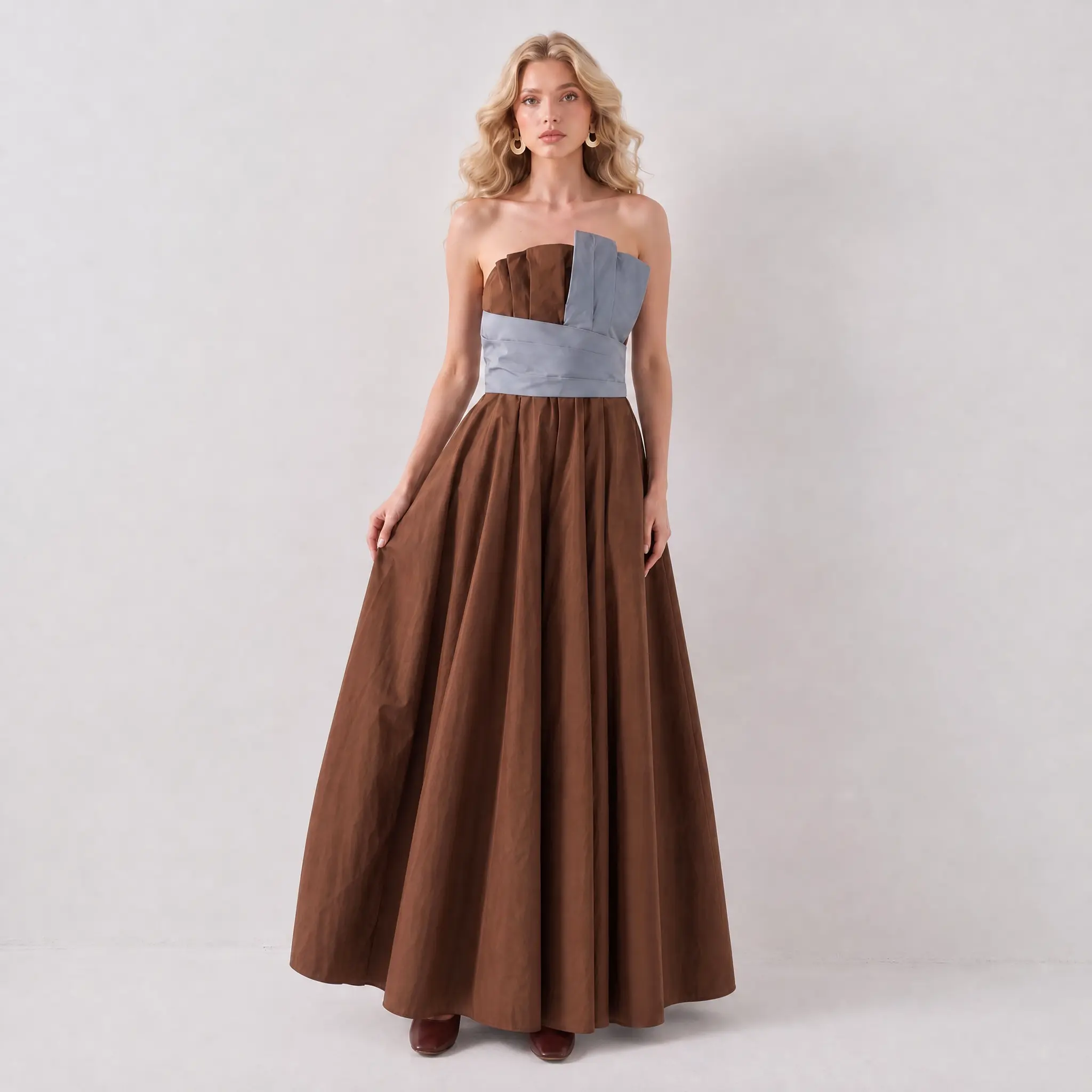 LikemyChoice Color Block Strapless Pleated Maxi Dress Contrast Wide Waistband Flowy Floor Length Formal Wedding Guest Evening Gown