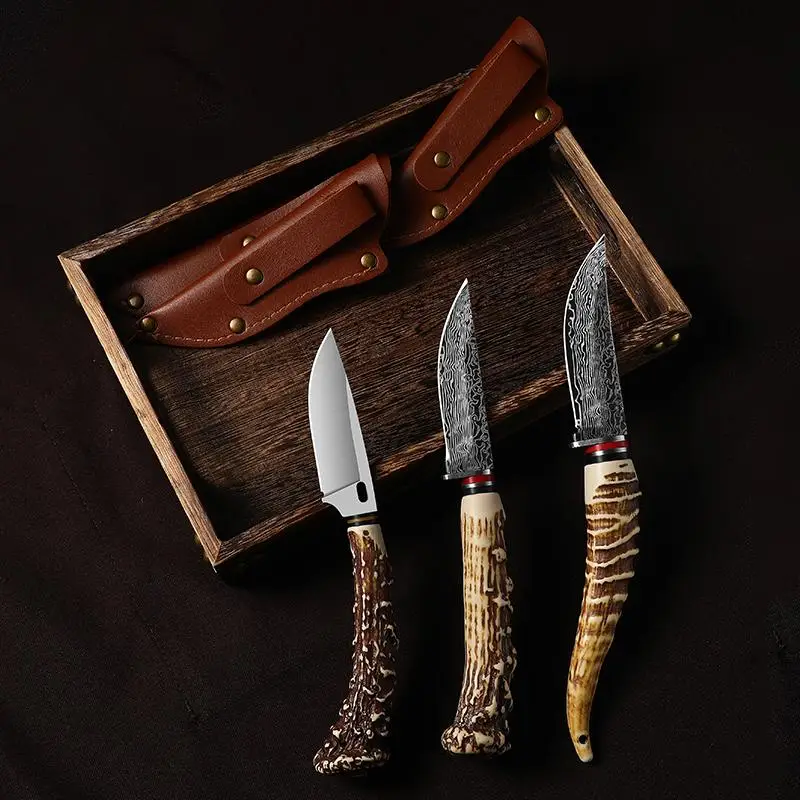 1pc Multi-functional Knife with Angular Handle, Stainless Steel Damascus Pattern Meat Cutting Kitchen Knife. Sharp Fruit Knife with Sheath
