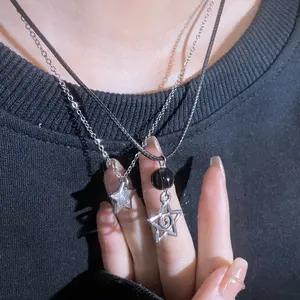 Fashion Metal Style Silver Color Five-Pointed Star Vortex Necklace for Women Men Black Rope Chain Choker Y2k Party Charm Jewelry
