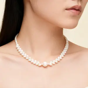 【Real Pearl】Natural 10-11mm Large Pearl Necklace with Silver Clasp - 17 Inches Hand-Knotted Freshwater Pearl Wheat Ear Necklace  for Women