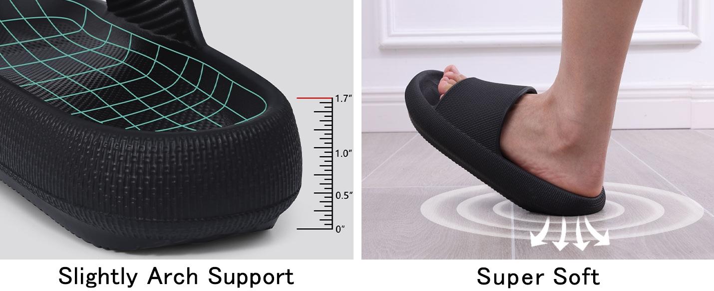 Cloud Slippers for Women and Men, Super Soft with Anti-Skid Sole. These ultra-comfortable, thick sole slides are perfect for indoor and outdoor use, providing ultimate comfort, support, and slip resistance. Ideal for lounging, beach trips, and showers.