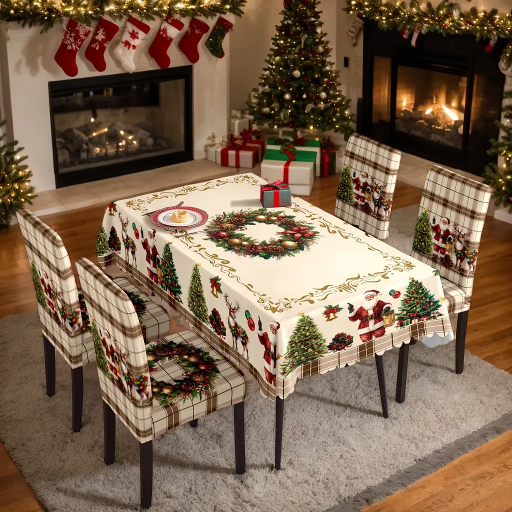 Christmas Tablecloth and Chair Cover Set, Santa Wreath Xmas Dining Decor, Holiday Table Decor