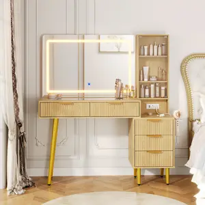 48" Fluted Vanity Desk with 36" Lighted Mirror, Glass Top, Charging Station, 5 Drawers & 3 Shelves