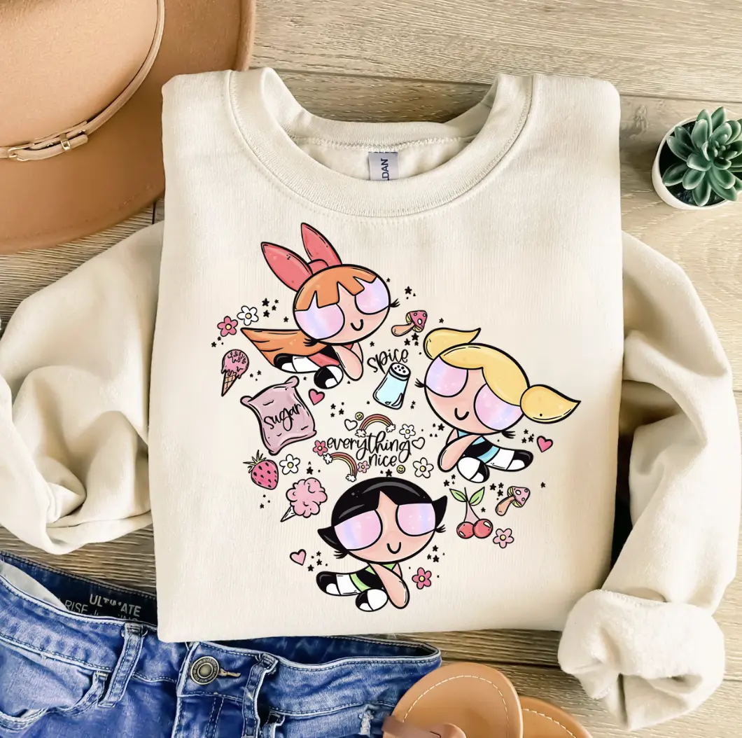 Powerpuff Girls Nostalgia Cosy Sweatshirt , Graphic Gym Shirt, Pump Cover Gym Sweatshirt, Gym Shirt Women, For Men, Ful Size