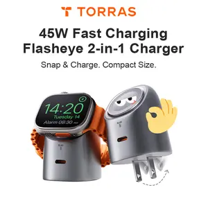 TORRAS Flasheye 45W 2-in-1 Charger for Apple Watch & for iPhone17 16 15 14 Promax,Snap-On Magnetic Wireless Charging,Foldable,45W USB-C PD Fast Charger, Plug,Compact Travel & Wall Charger,all-in-1, for iPad,MacBook&Android,for Apple User