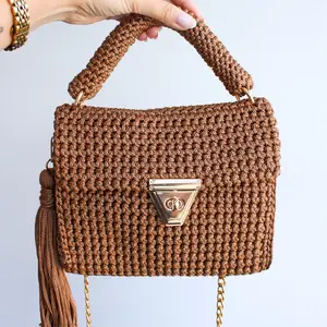 Bronze rectangular crochet purse, Handmade crochet bag with gold chain and top handle