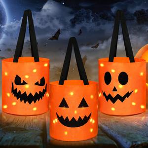 3/4 Pcs Summerween Candy Bucket with LED Lights Non Woven Gift Bags Trick or Treat Bags Pumpkin Candy Bags Reusable Tote Bags for Students Adults,Night Light Bags for Home Garden Lawn Decorations,Halloween Birthday Christmas Party Favor Supplies